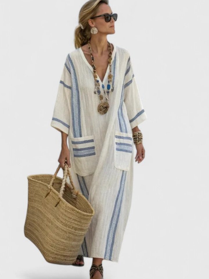 Striped Linen V-Neck Maxi Dress
