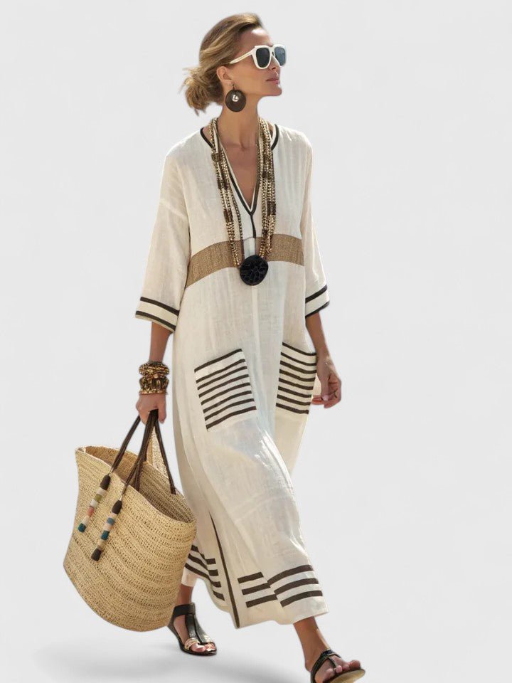 Striped Linen V-Neck Maxi Dress