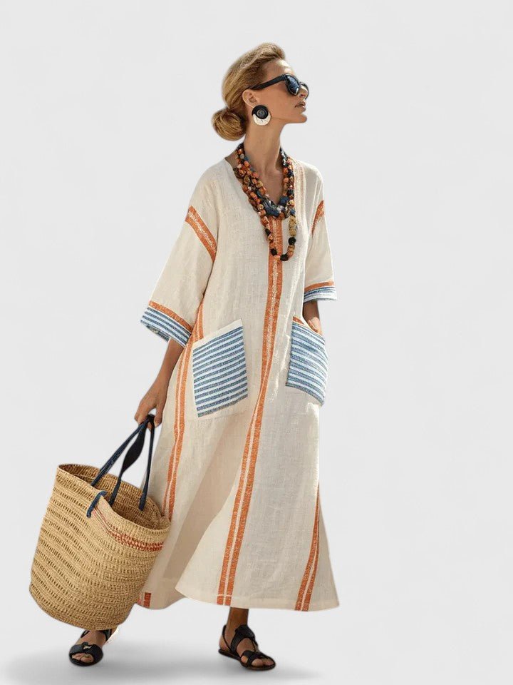 Striped Linen V-Neck Maxi Dress