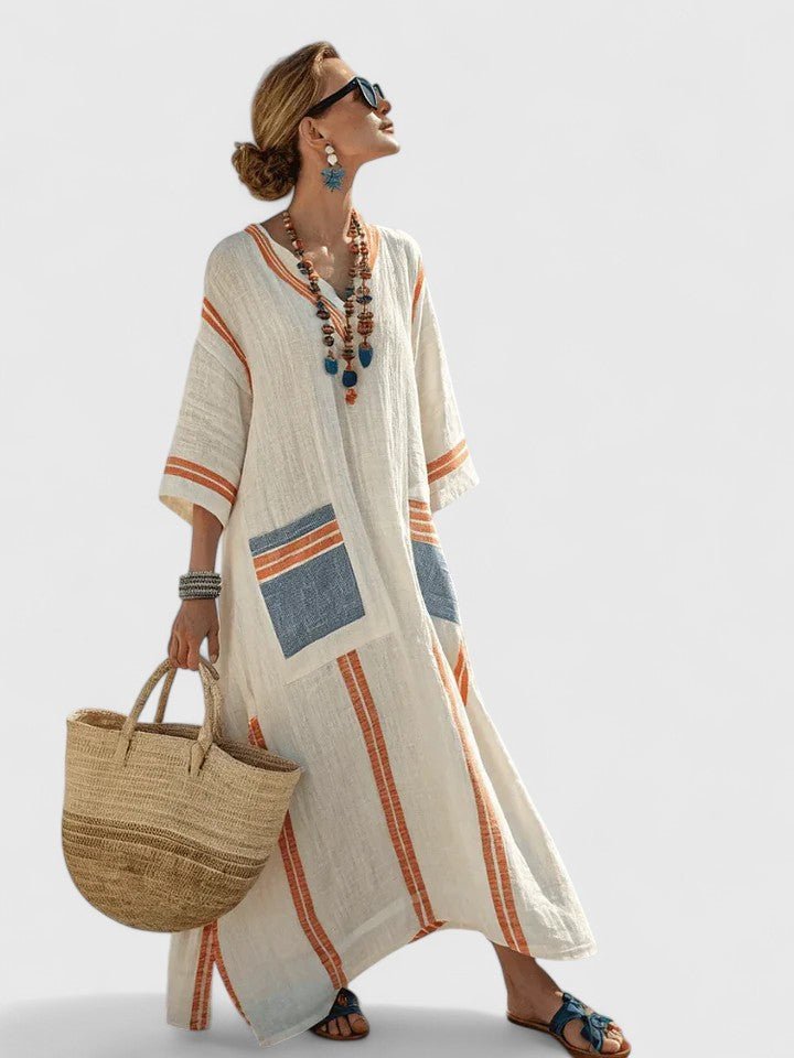 Striped Linen V-Neck Maxi Dress