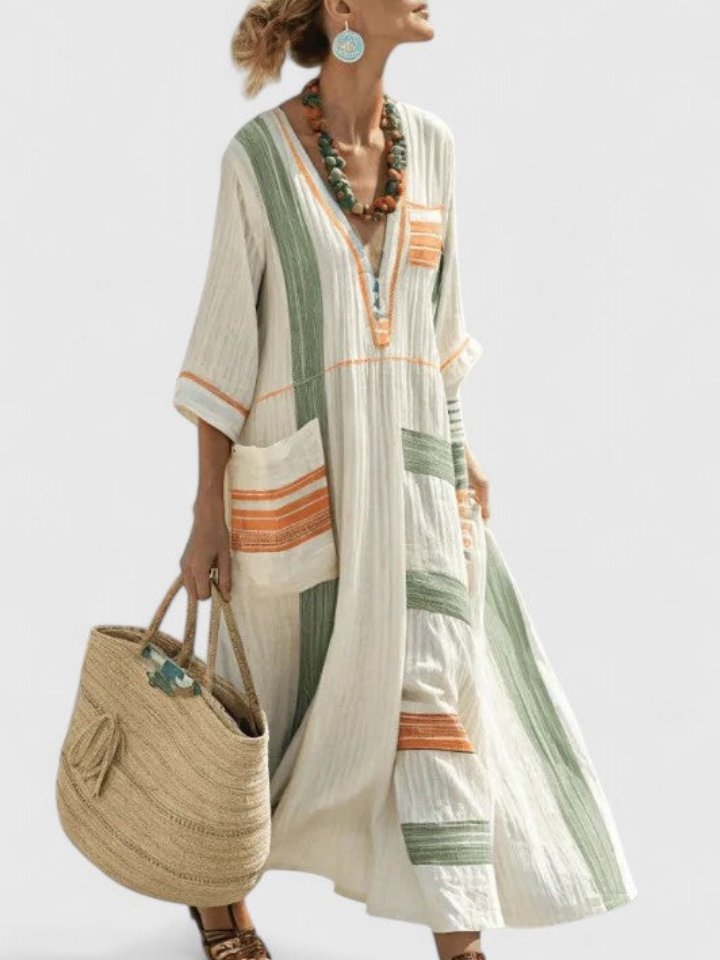 Striped Linen V-Neck Maxi Dress