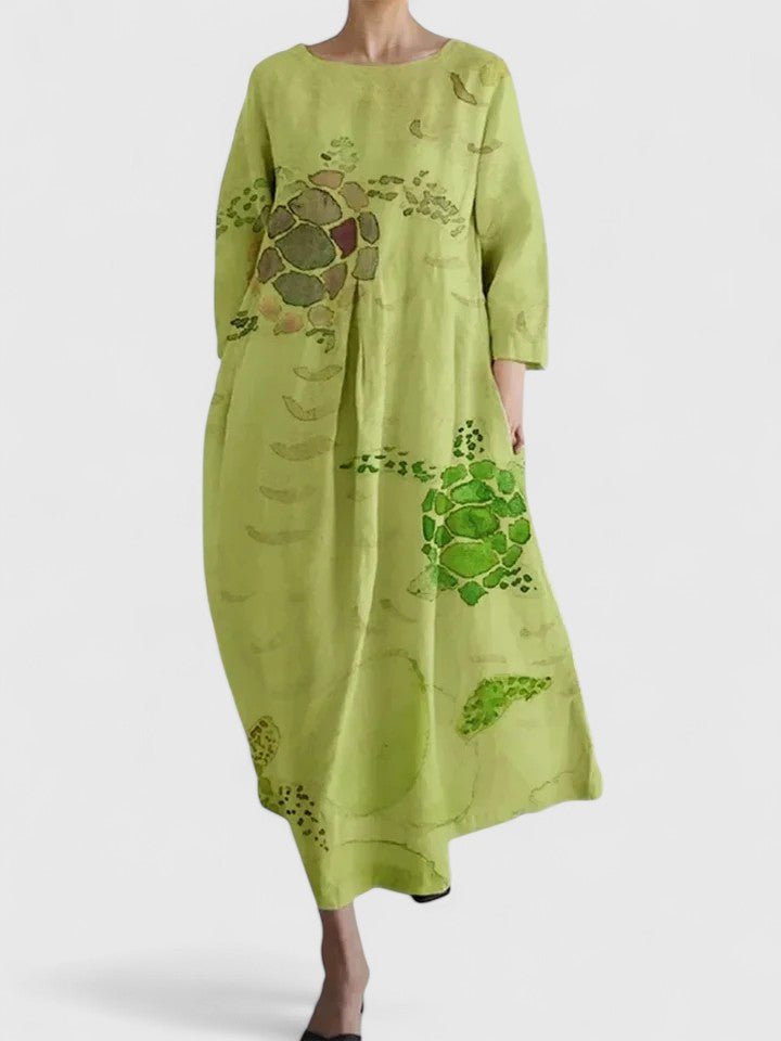 Relaxed A-Line Midi Dress with Tortoise Graphic