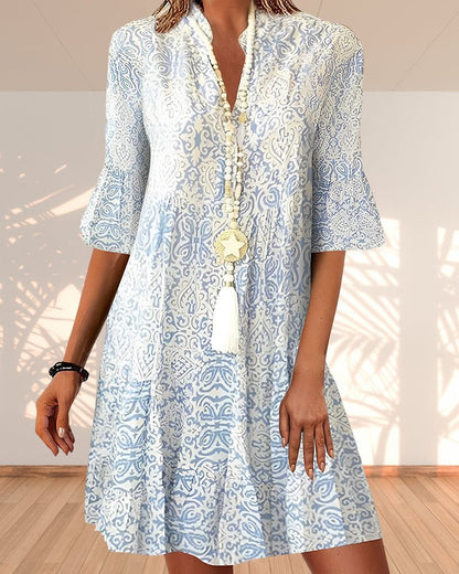 Paisley Pattern 3/4 Sleeve V-Neck Day Dress