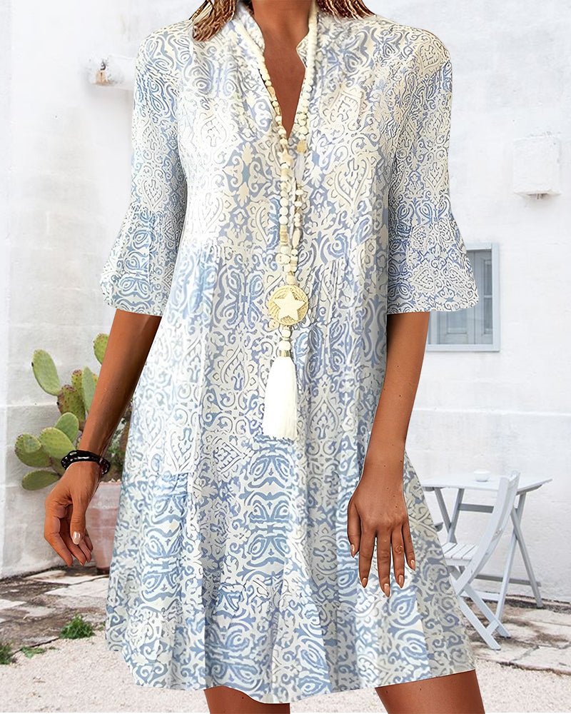 Paisley Pattern 3/4 Sleeve V-Neck Day Dress