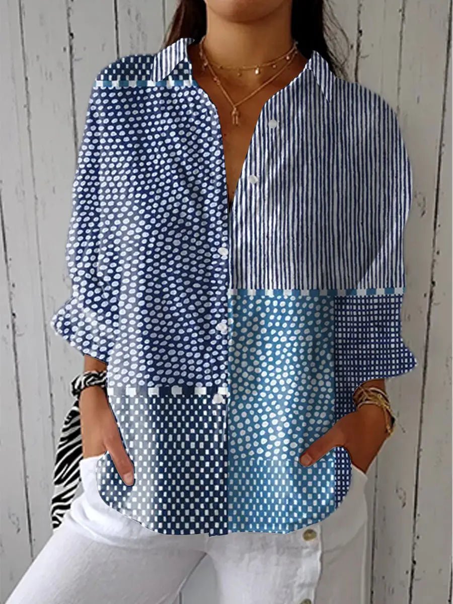 Mixed Print V-Neck Buttoned Blouse