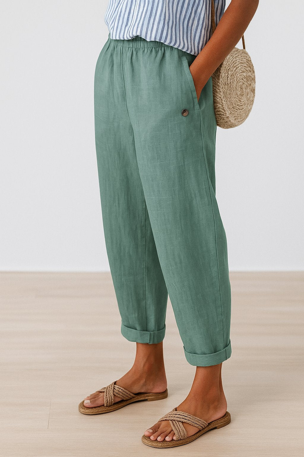 Women's Straight-Leg Elastic Waist Trousers with Pockets