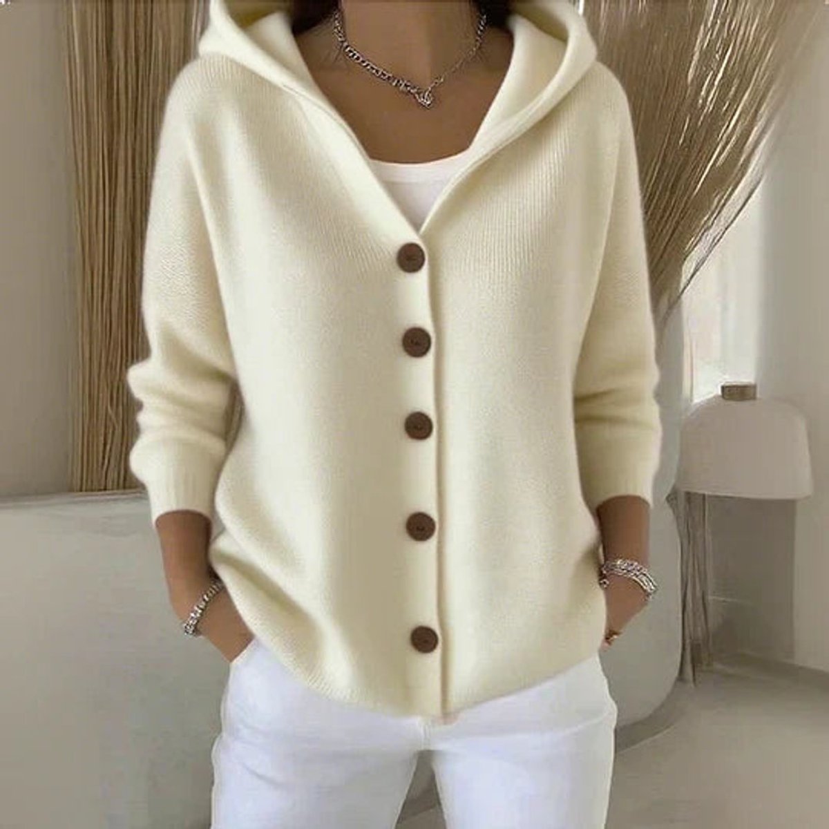 Slouchy Hooded Button-Down Knit Cardigan