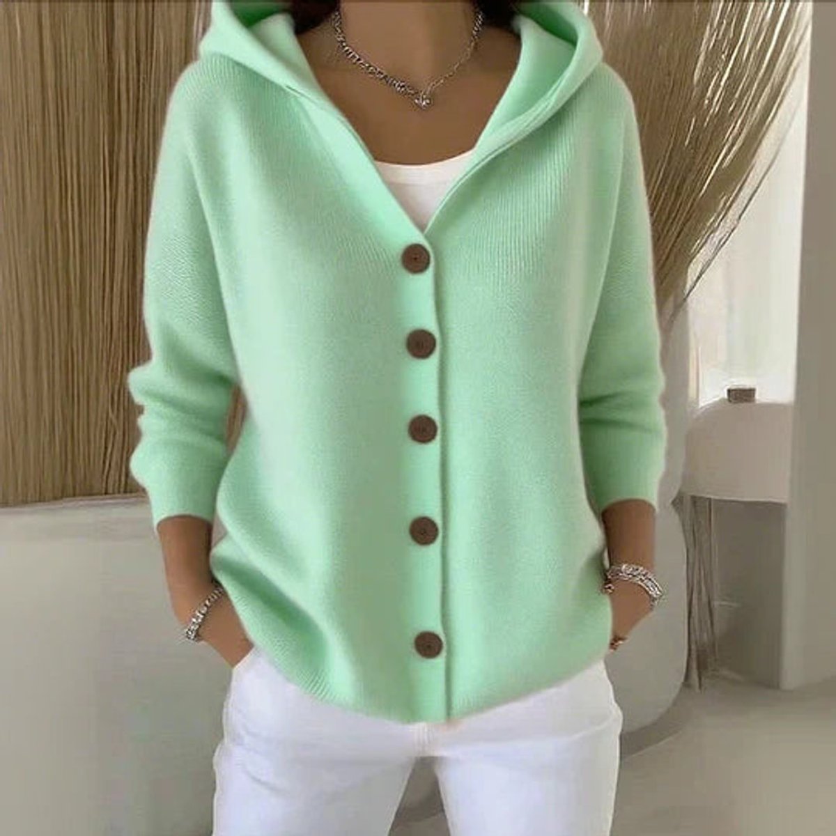 Slouchy Hooded Button-Down Knit Cardigan
