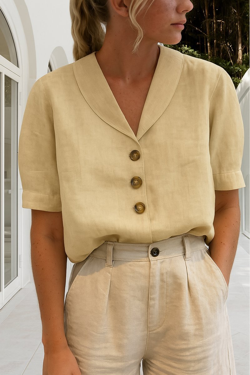 Short Sleeve Shawl Collar Button-Down Shirt
