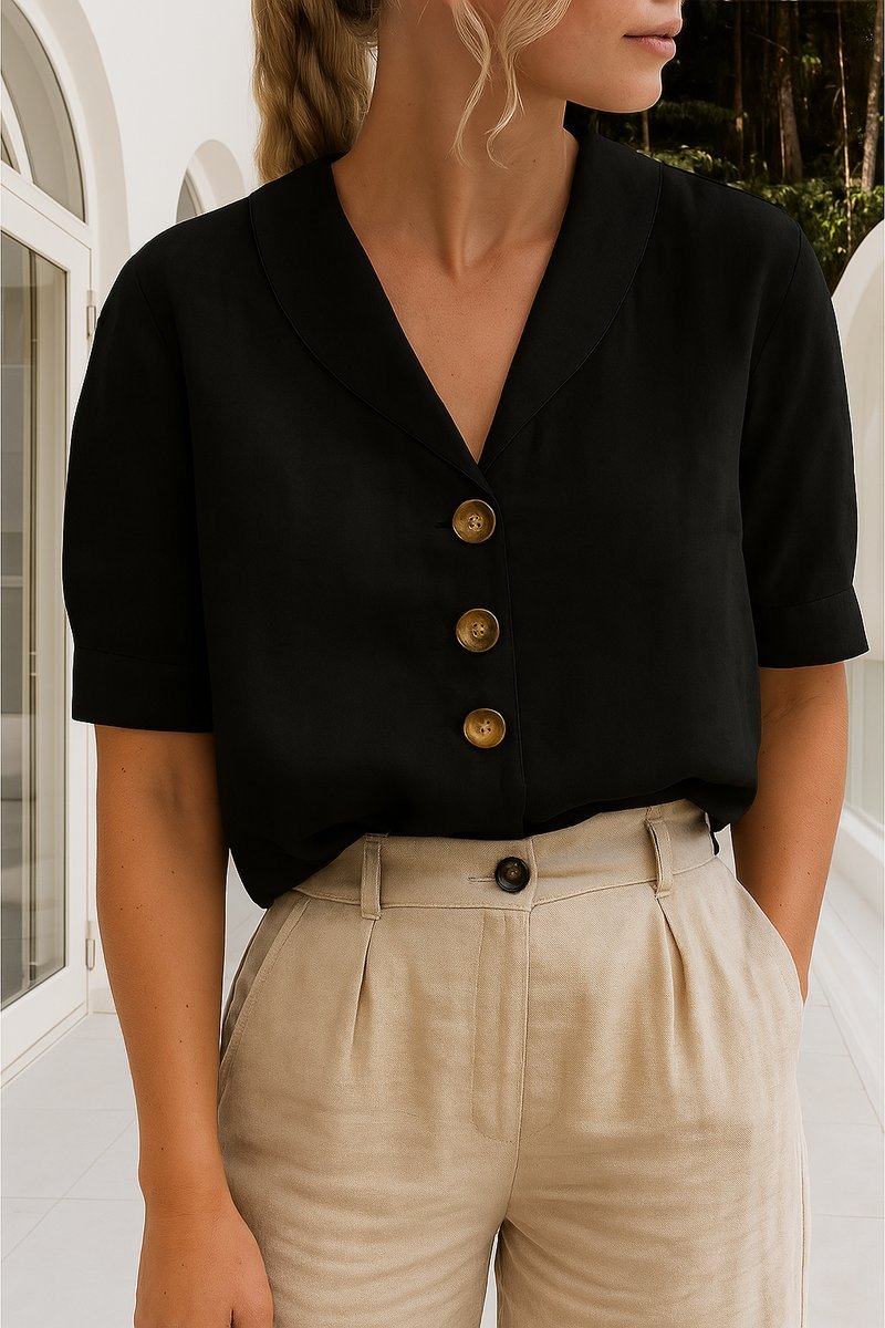 Short Sleeve Shawl Collar Button-Down Shirt