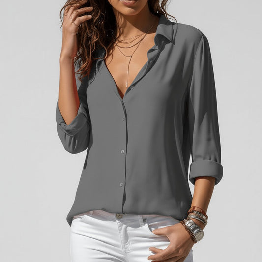 Women's Loose Fit Collared Blouse with Tab Sleeves