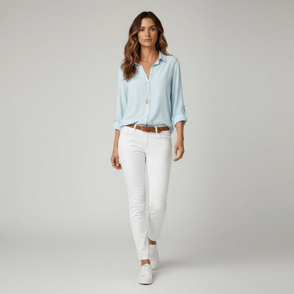 Women's Loose Fit Collared Blouse with Tab Sleeves