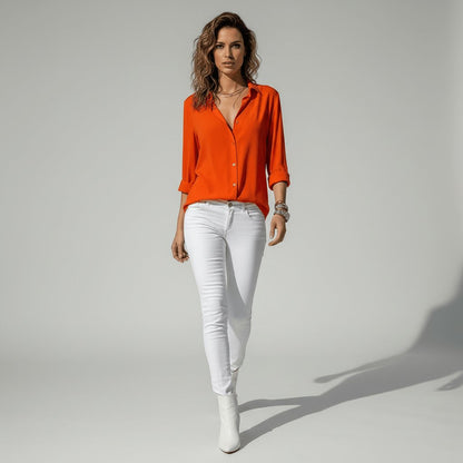 Women's Loose Fit Collared Blouse with Tab Sleeves