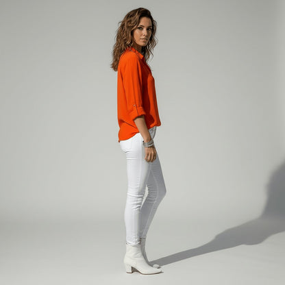 Women's Loose Fit Collared Blouse with Tab Sleeves
