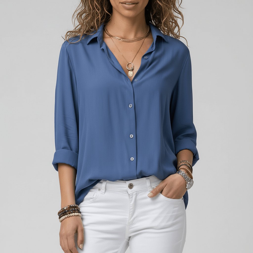 Women's Loose Fit Collared Blouse with Tab Sleeves