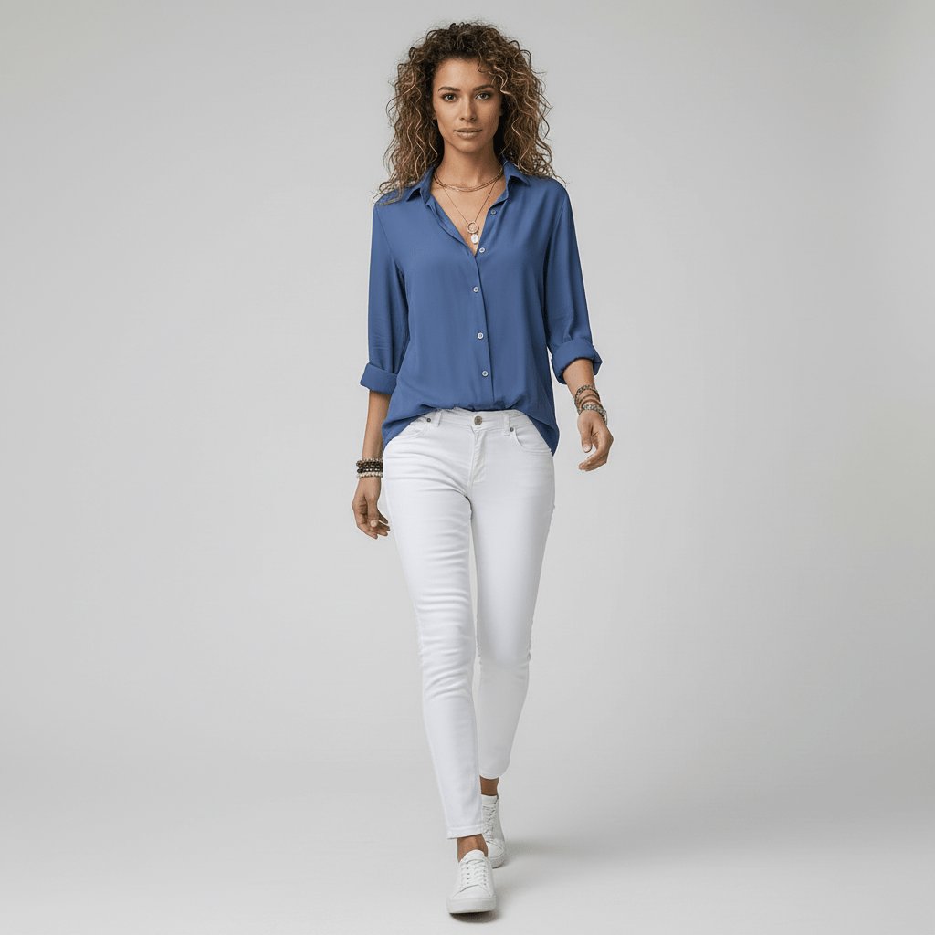 Women's Loose Fit Collared Blouse with Tab Sleeves