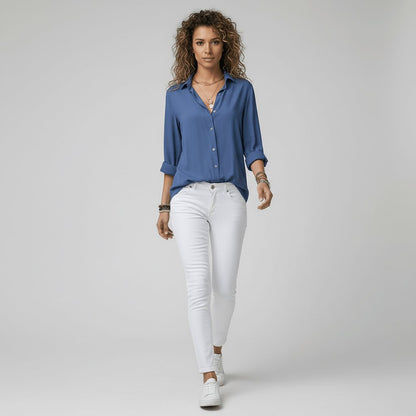 Women's Loose Fit Collared Blouse with Tab Sleeves