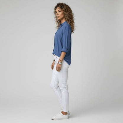 Women's Loose Fit Collared Blouse with Tab Sleeves