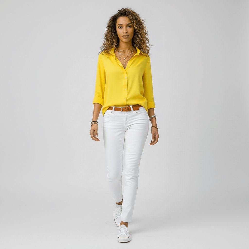 Women's Loose Fit Collared Blouse with Tab Sleeves
