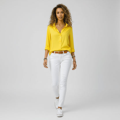 Women's Loose Fit Collared Blouse with Tab Sleeves