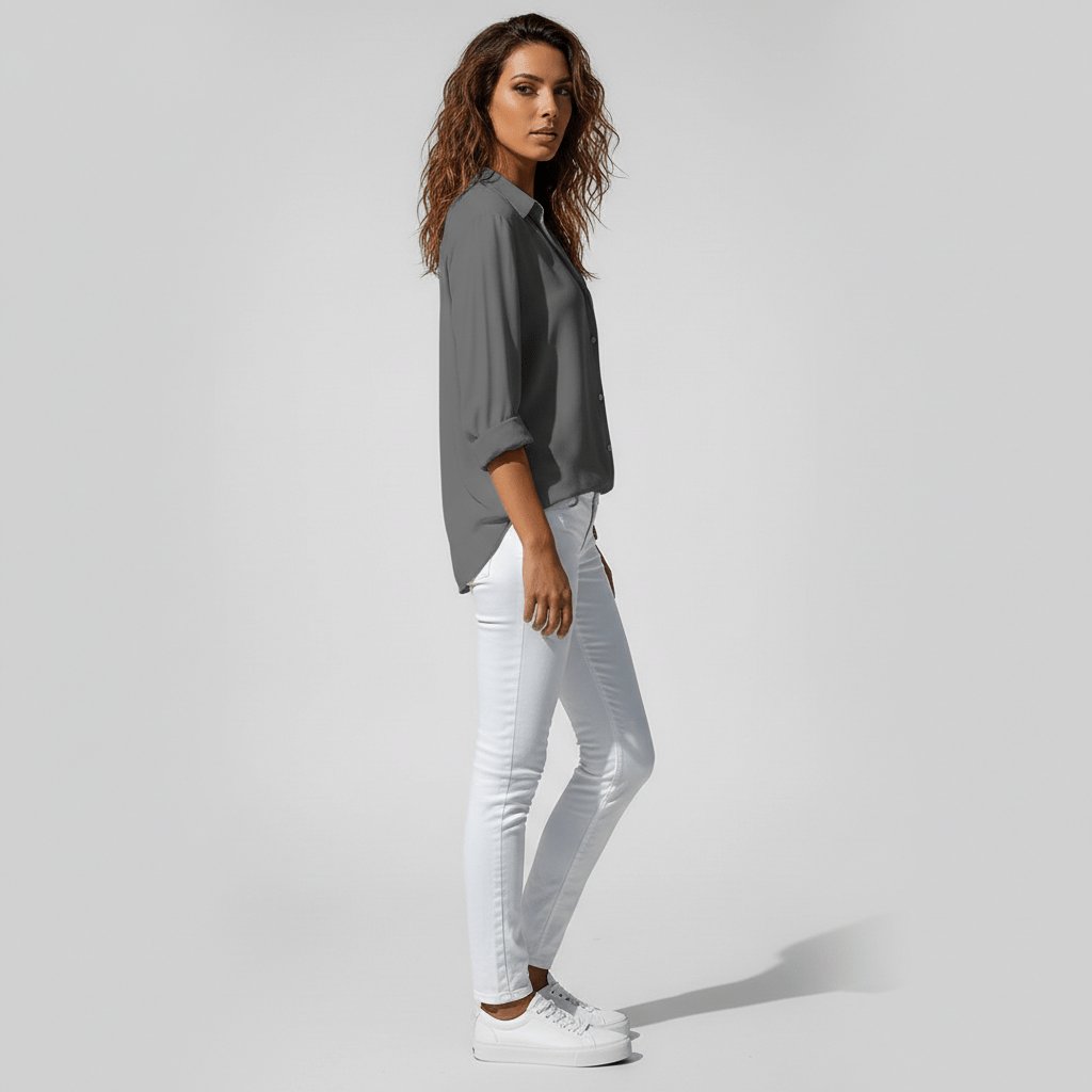 Women's Loose Fit Collared Blouse with Tab Sleeves