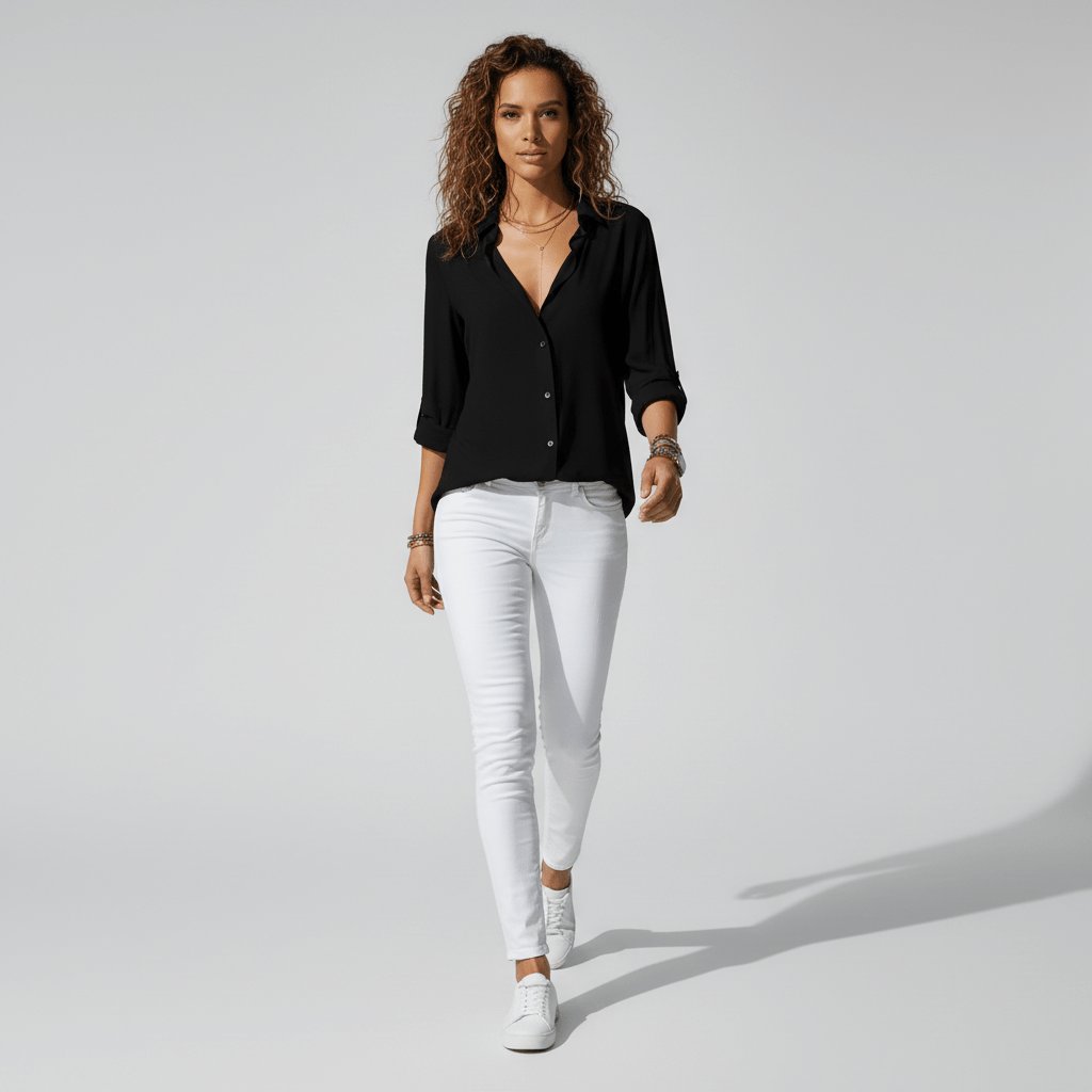Women's Loose Fit Collared Blouse with Tab Sleeves