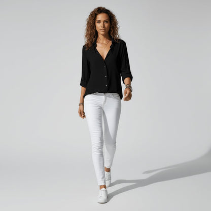Women's Loose Fit Collared Blouse with Tab Sleeves
