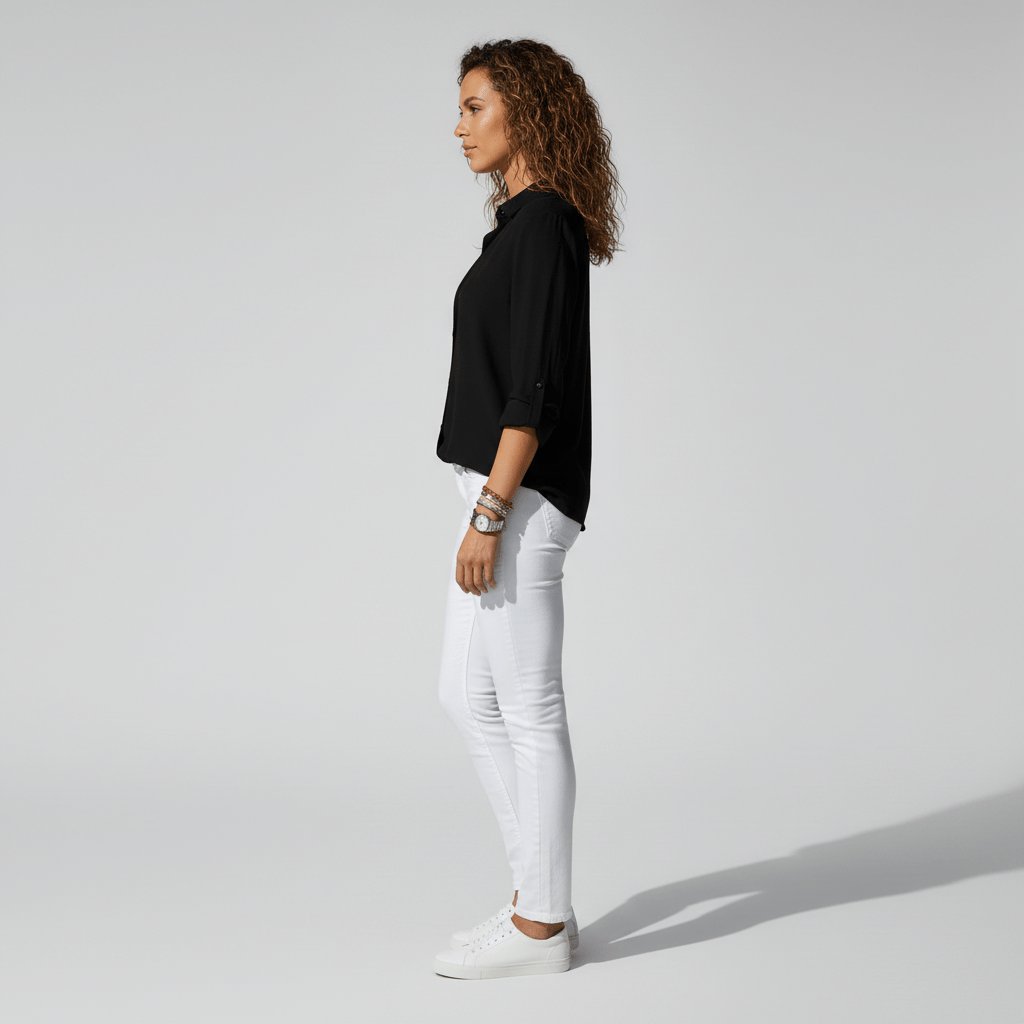 Women's Loose Fit Collared Blouse with Tab Sleeves
