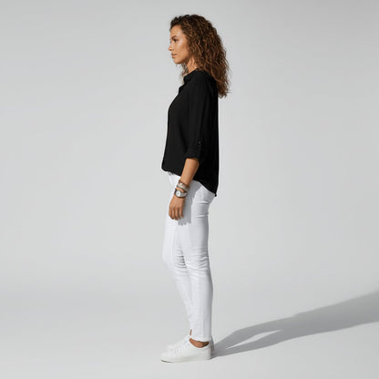 Women's Loose Fit Collared Blouse with Tab Sleeves