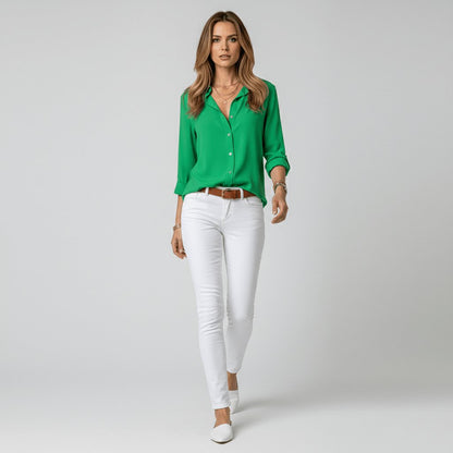 Women's Loose Fit Collared Blouse with Tab Sleeves