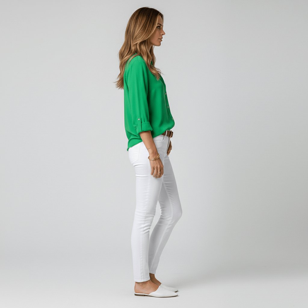 Women's Loose Fit Collared Blouse with Tab Sleeves