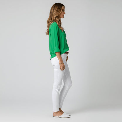 Women's Loose Fit Collared Blouse with Tab Sleeves