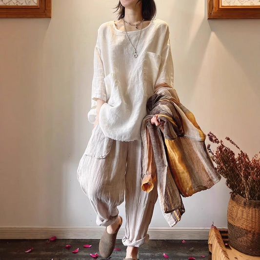 Casual Round-Neck Linen Smock Top with Front Pockets