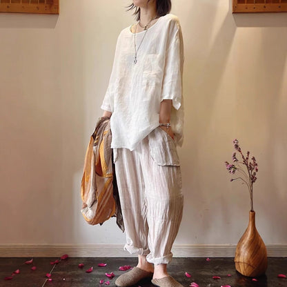 Casual Round-Neck Linen Smock Top with Front Pockets