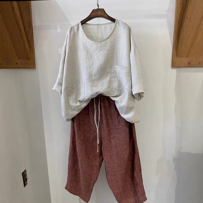 Casual Round-Neck Linen Smock Top with Front Pockets