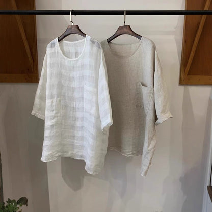 Casual Round-Neck Linen Smock Top with Front Pockets