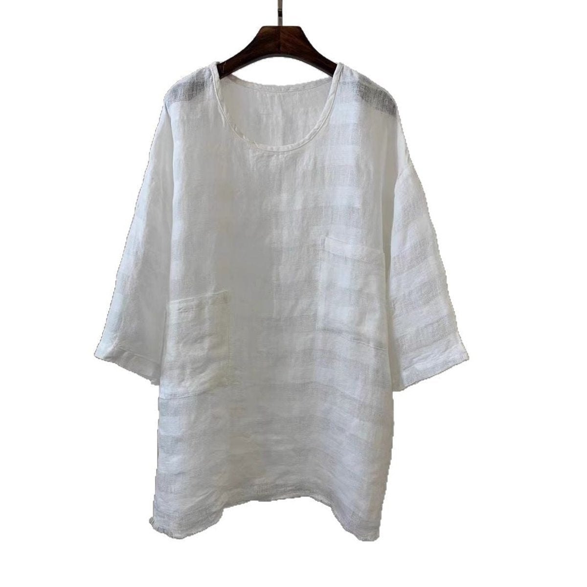 Casual Round-Neck Linen Smock Top with Front Pockets