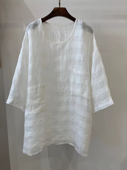 Casual Round-Neck Linen Smock Top with Front Pockets