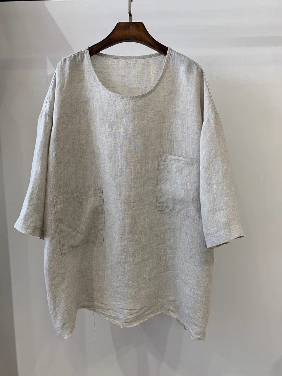Casual Round-Neck Linen Smock Top with Front Pockets