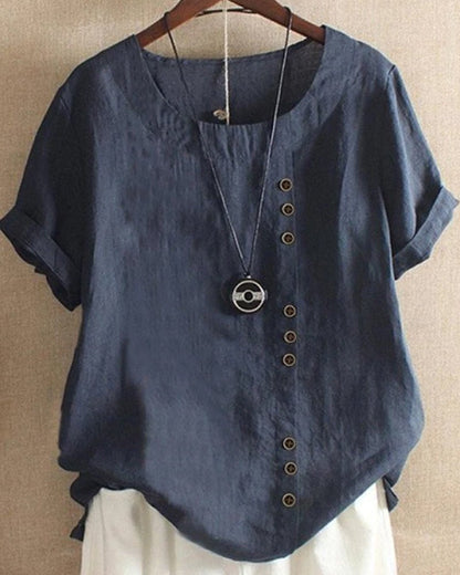 Button-Front Relaxed Linen Blend Tunic