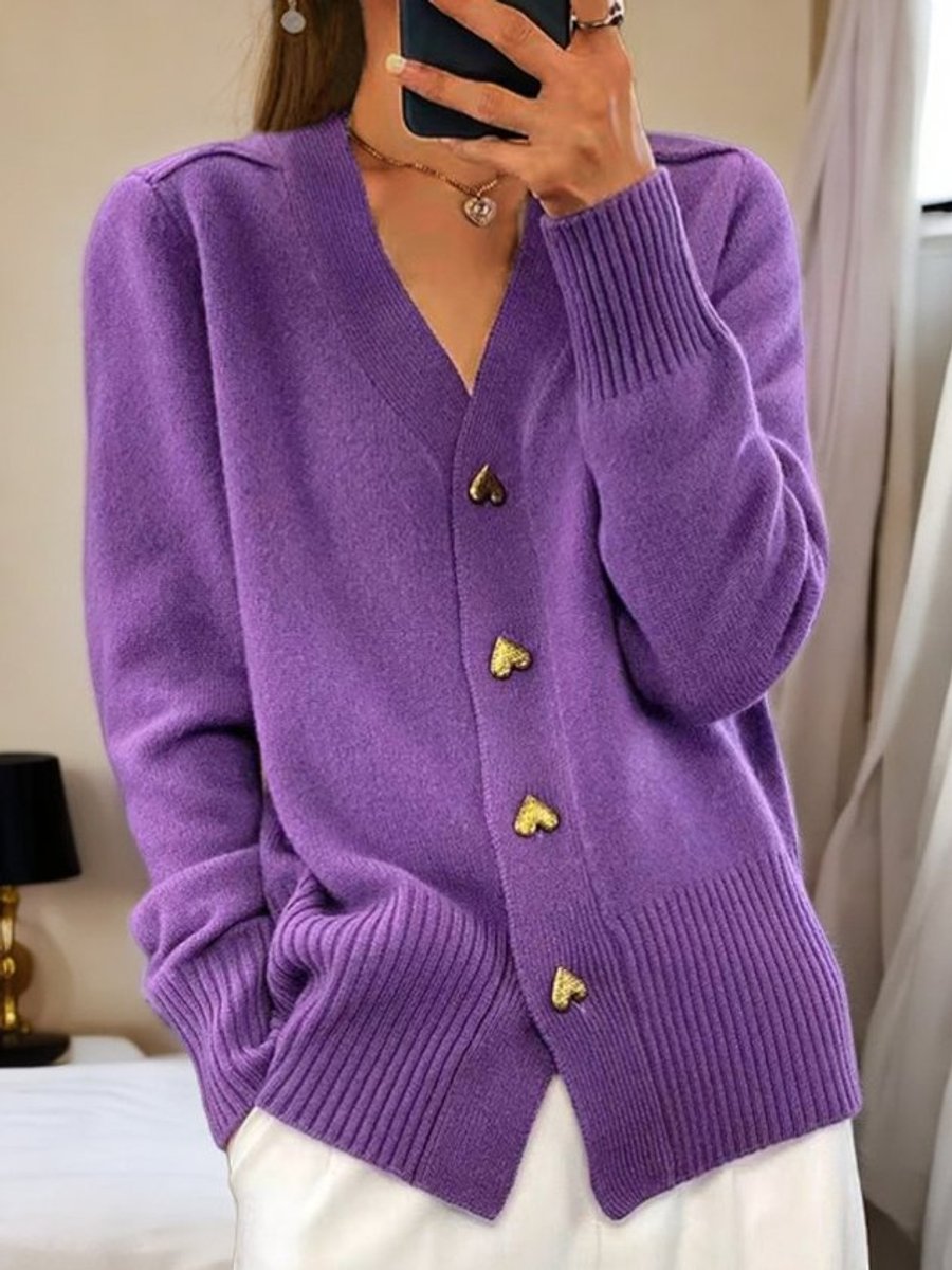 V-Neck Knit Cardigan with Heart Accent Buttons