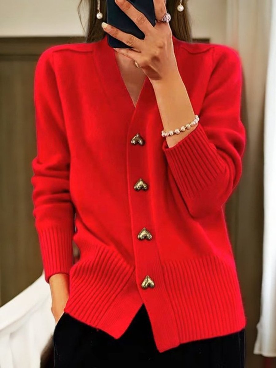 V-Neck Knit Cardigan with Heart Accent Buttons