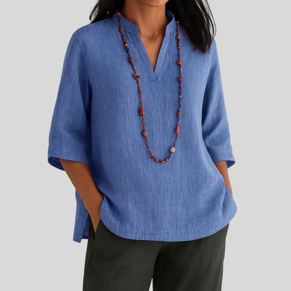 Linen 3/4 Sleeve V-Neck Tunic Top