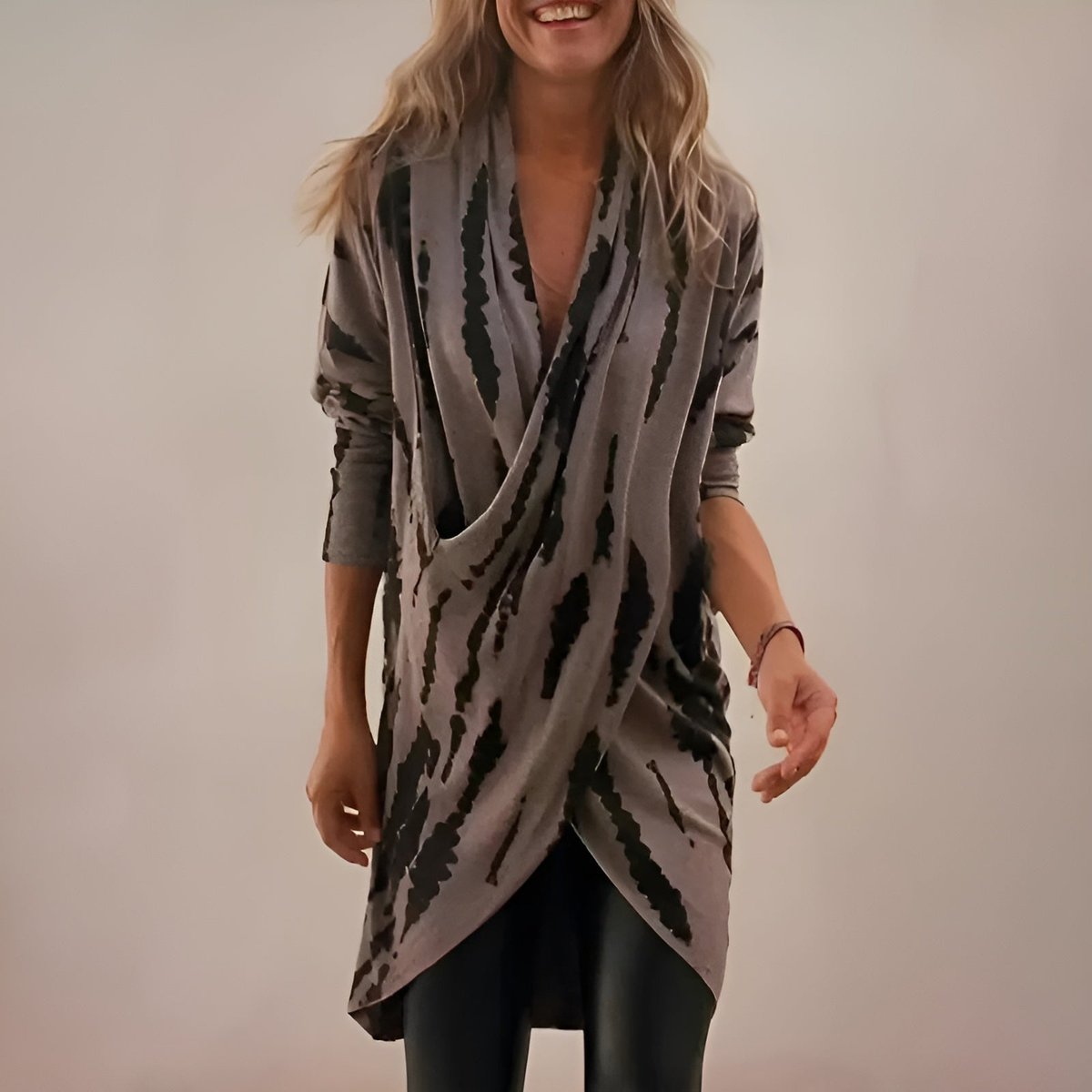Draped V-Neck Tunic in Abstract Line Print