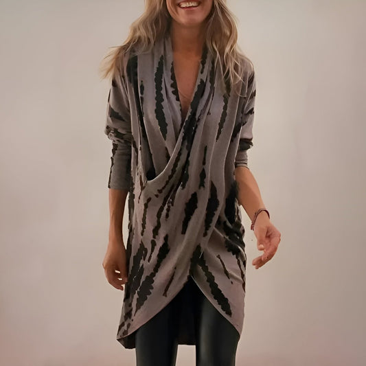 Draped V-Neck Tunic in Abstract Line Print