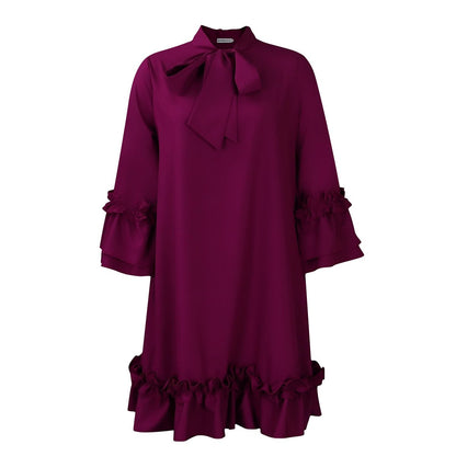 Bow-Neck Tunic Dress with Ruffled Hem and Cuffs