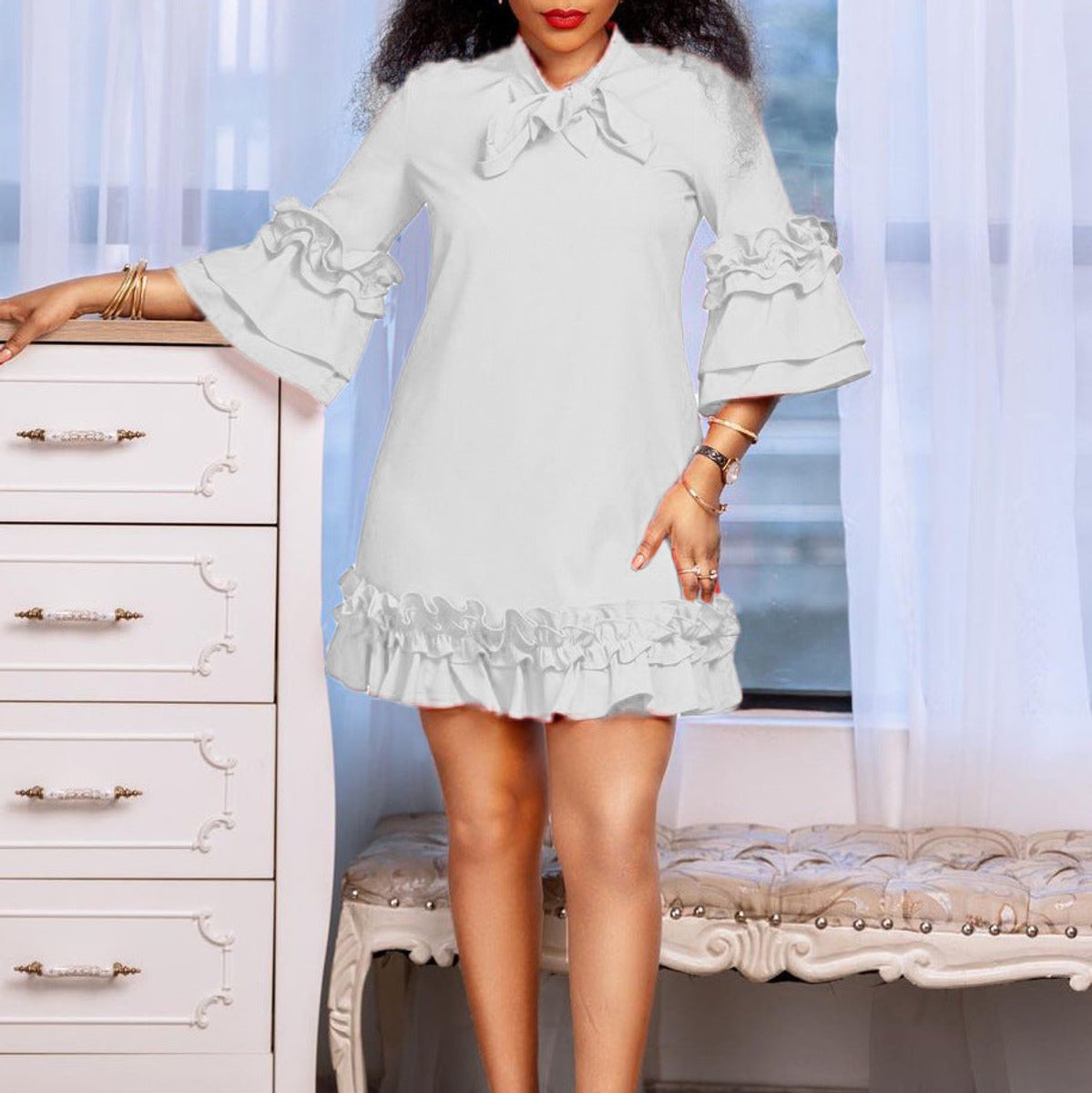 Bow-Neck Tunic Dress with Ruffled Hem and Cuffs