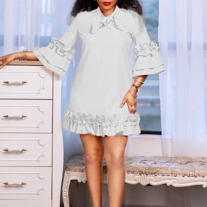 Bow-Neck Tunic Dress with Ruffled Hem and Cuffs