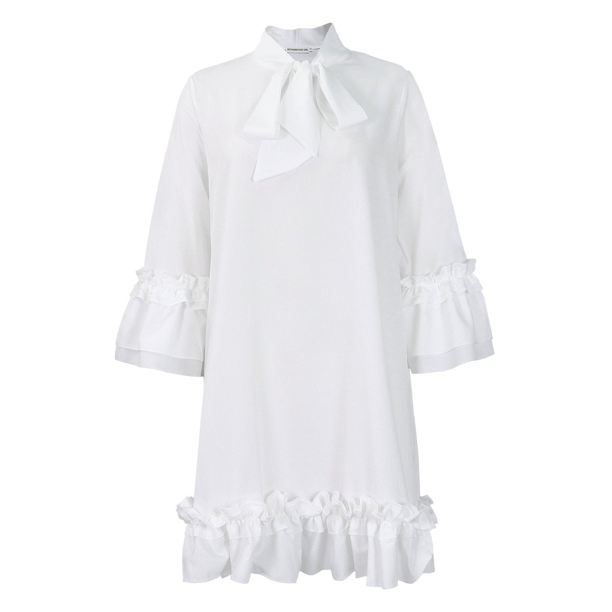 Bow-Neck Tunic Dress with Ruffled Hem and Cuffs