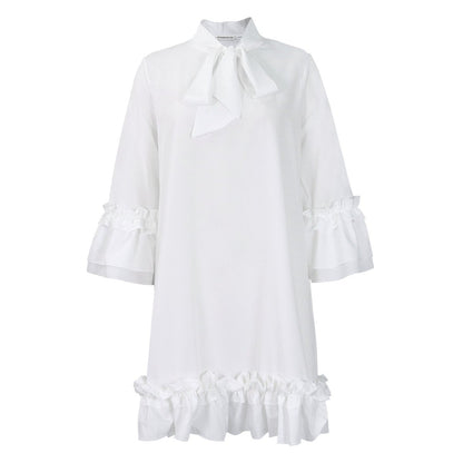 Bow-Neck Tunic Dress with Ruffled Hem and Cuffs